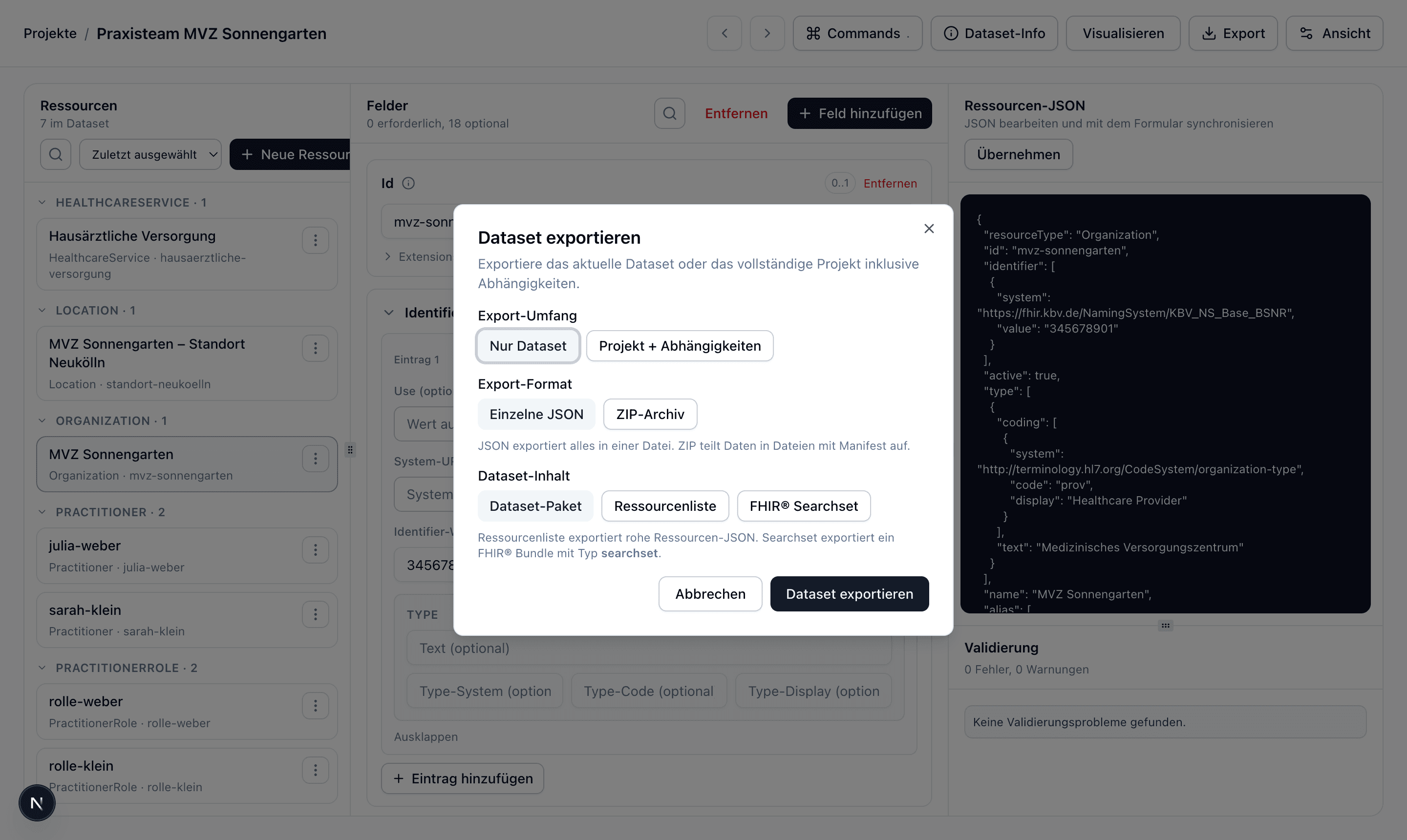 Export-Dialog mit Auswahl von Umfang und Format für Dataset- und Projekt-Exporte