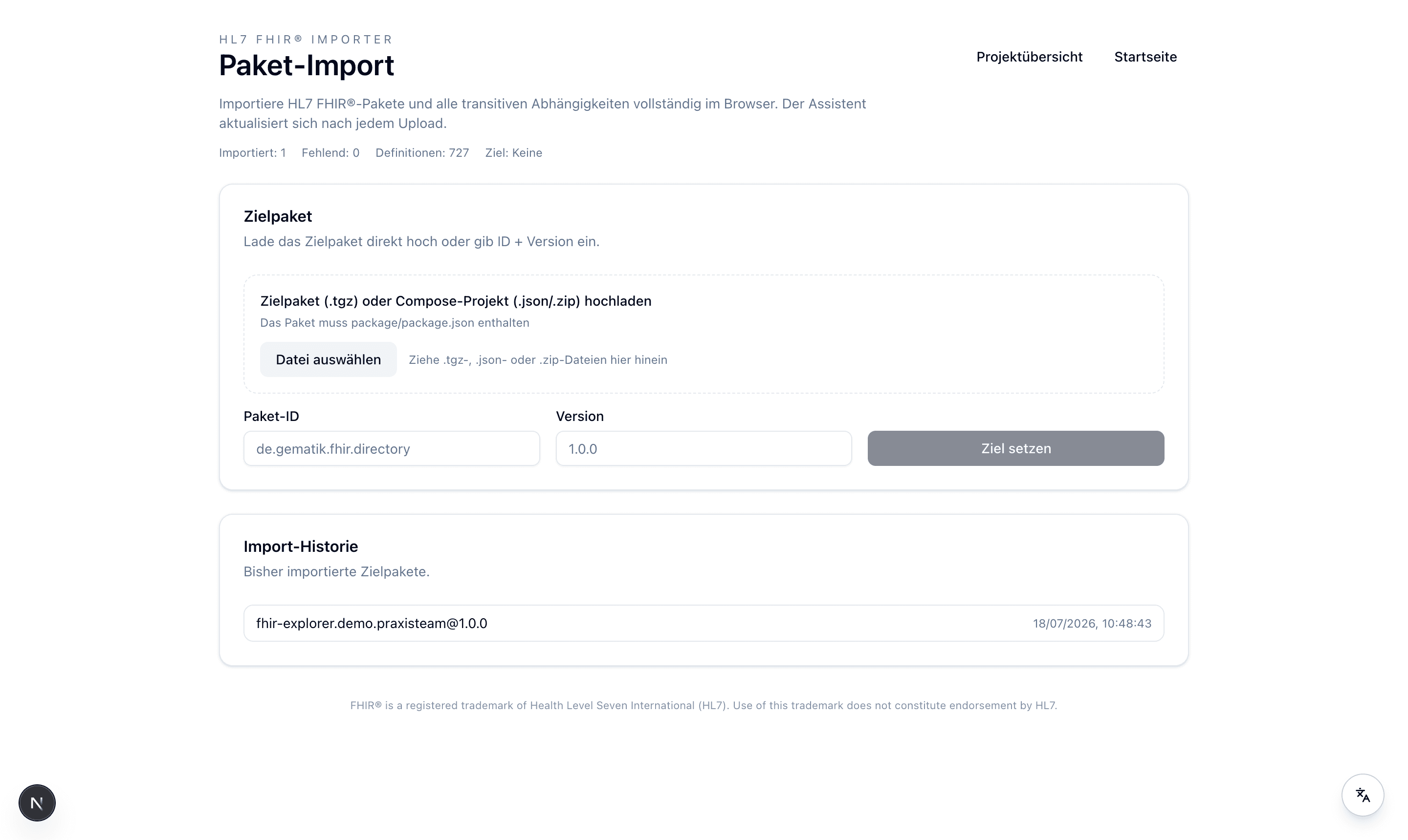 Der Package-Importer des FHIR-Explorers mit Feldern für Package-ID und Version sowie Upload-Bereich