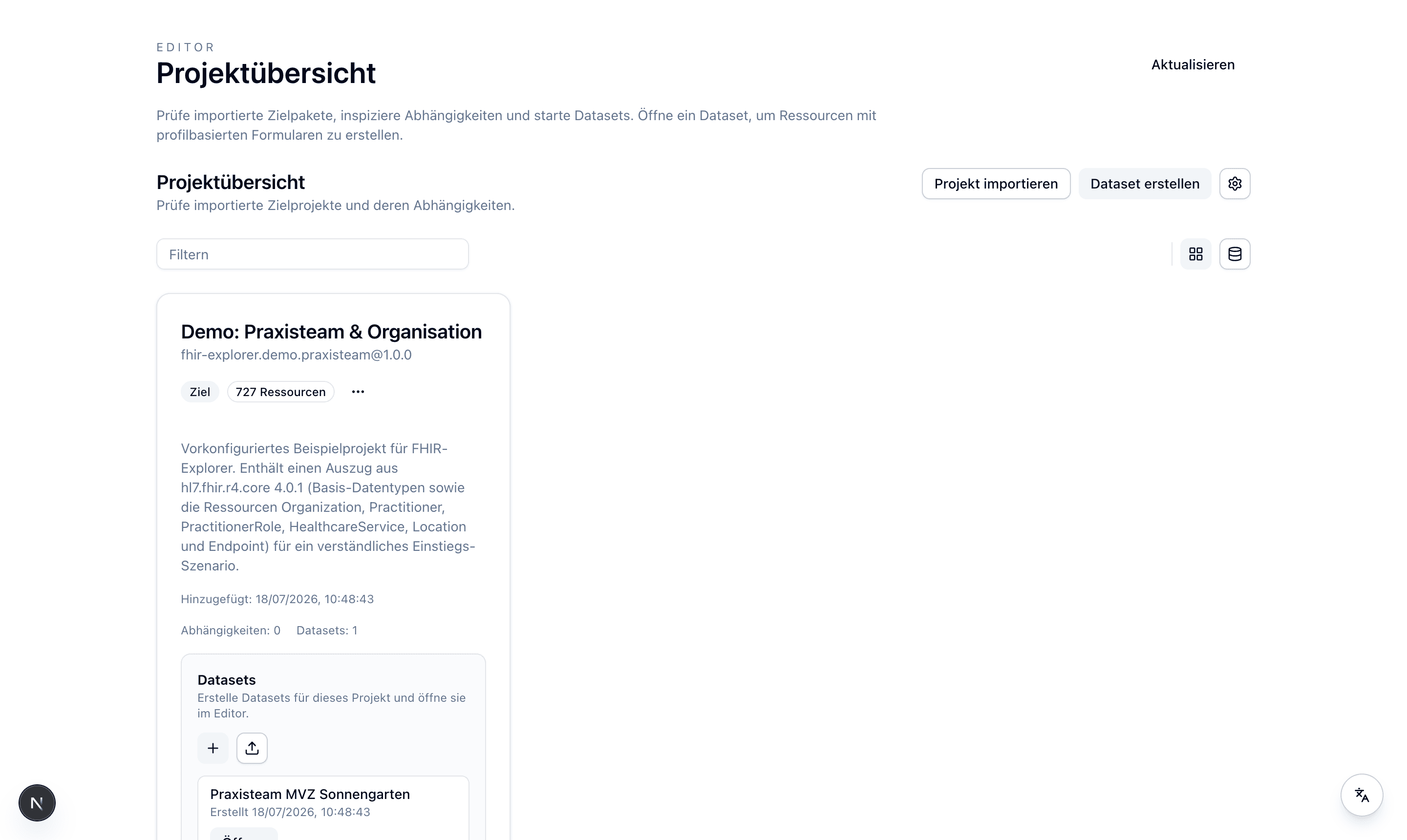 Projektübersicht des FHIR-Explorers mit einem importierten Projekt und zugehörigen Datasets