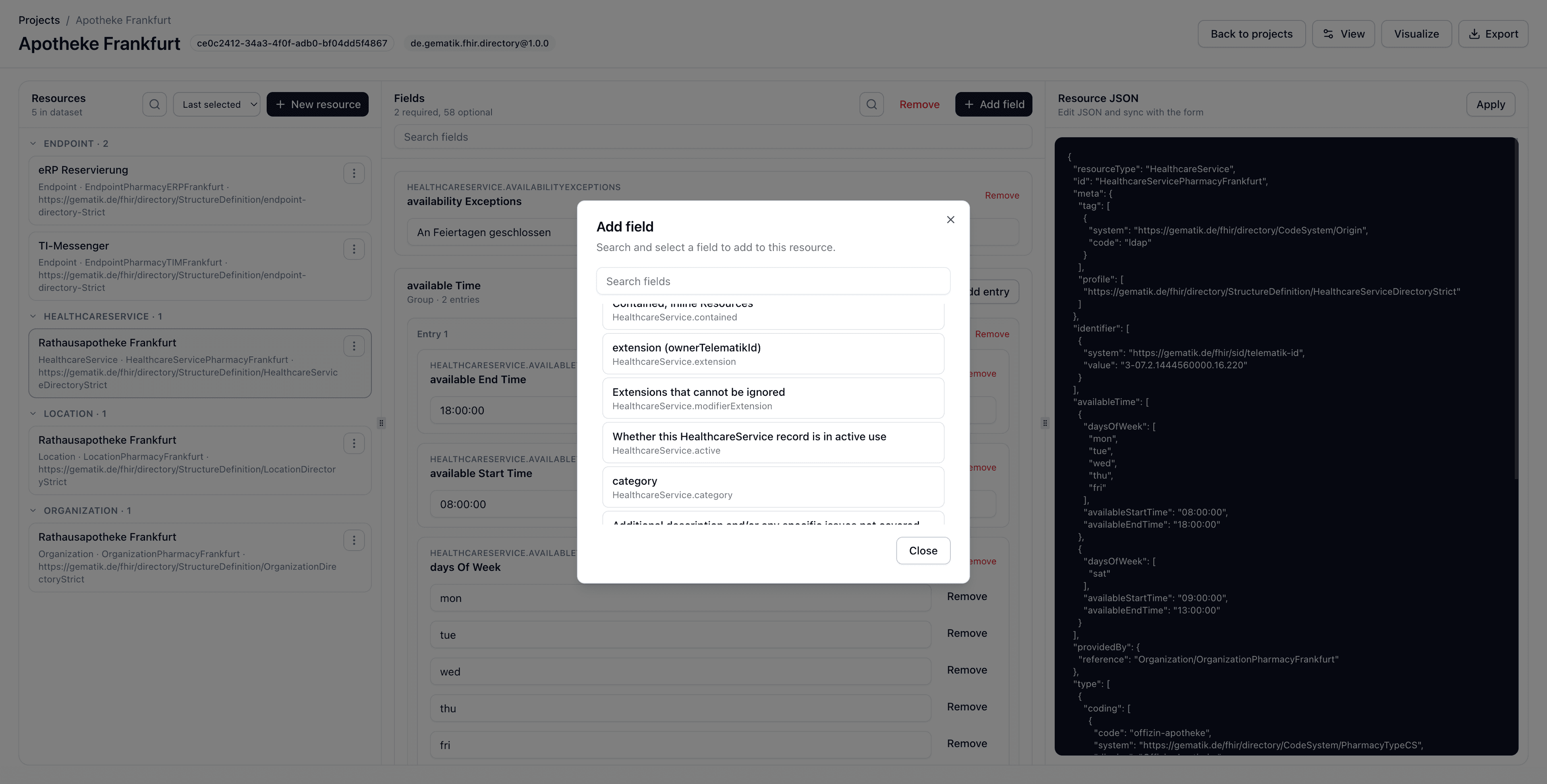 Add-field-Dialog mit Feldsuche für eine Ressource.
