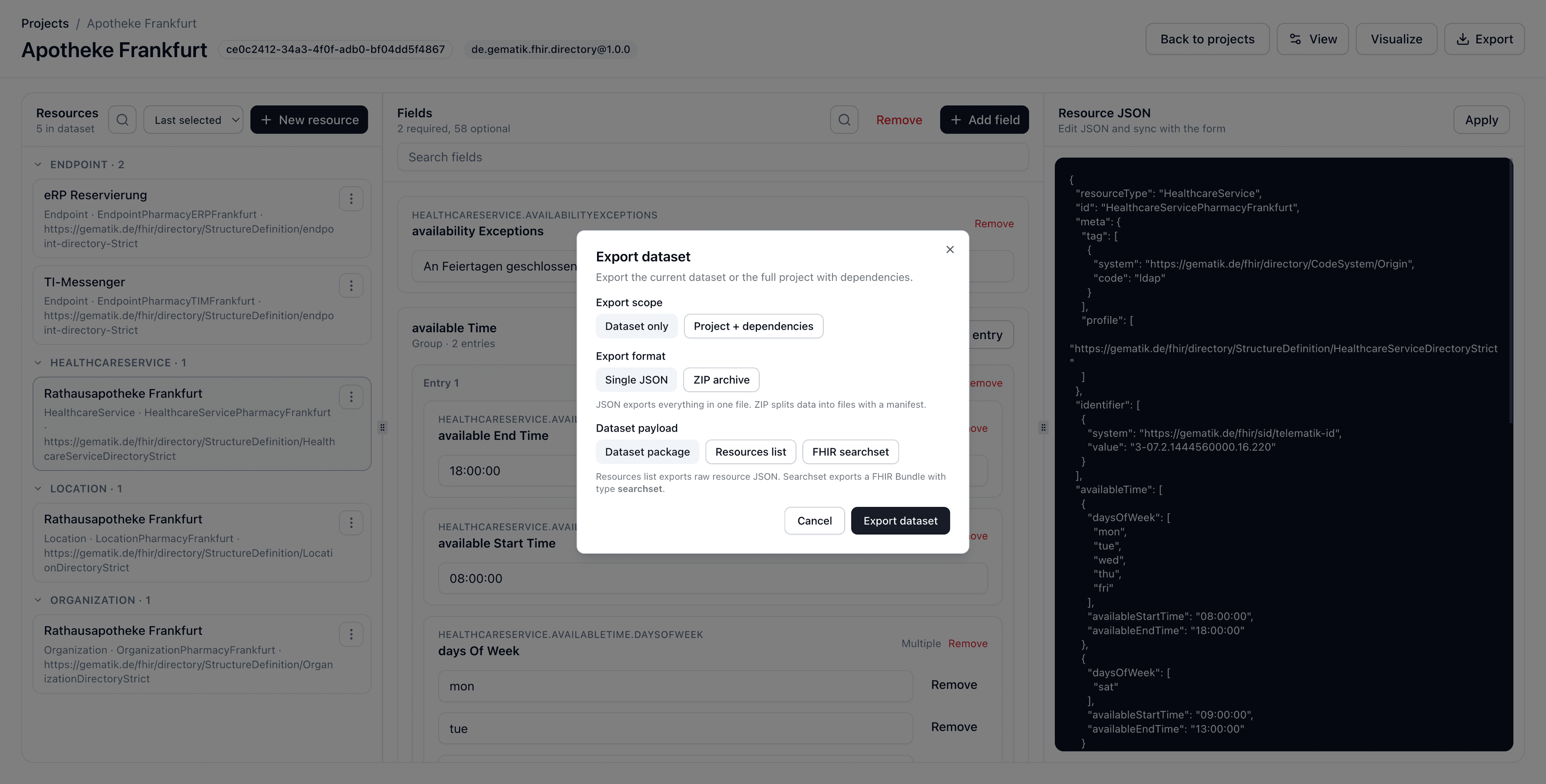 Export-Dialog mit Auswahl für Scope, Format und Payload.