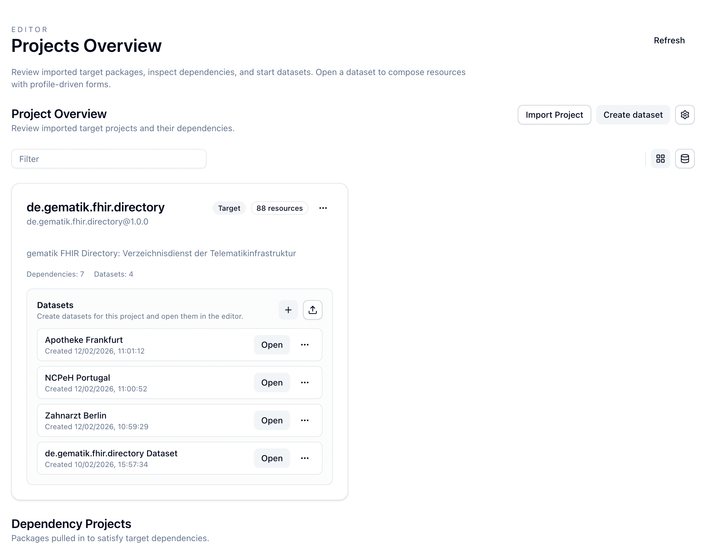 Project Overview mit Zielprojekt und Dependency-Projekten.